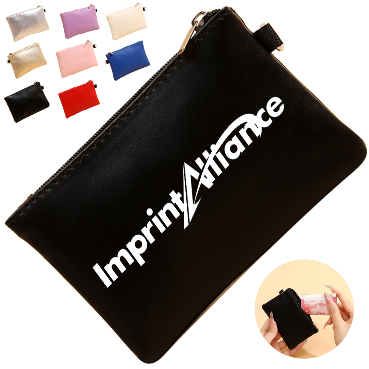 PU Leather Coin Purse with Zipper and Key Ring